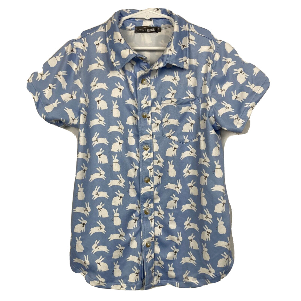 Millie &‎ Maxx Shirt Boys Sz 8 Blue White Bunny Print Stretch Button Up Collar